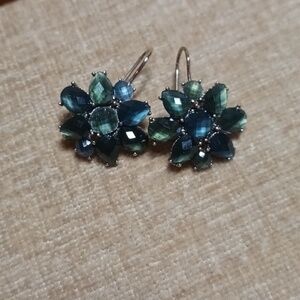 Liz Claiborne Gold Tone Blue/Green Rhinestone Flower Drop Earrings